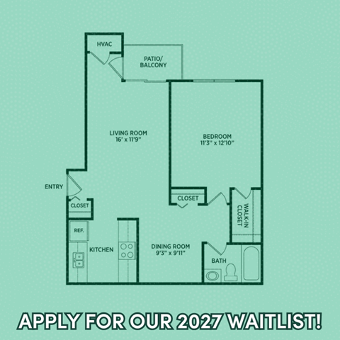 Floor plan for 1 bed, 1 bath, 800 sqft